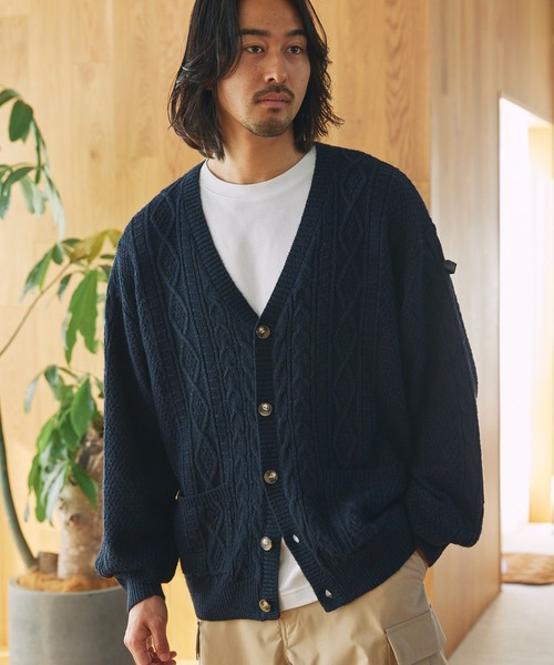 ウォッシャブル ケーブルニット Vネックカーディガン / 帯電防止