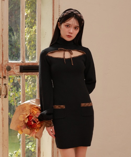 M DOLLY(エムドリー)の「*M DOLLY original* check accent dolcina knit dress /チェックアクセントドルチーナニットドレス(ワンピース・レディース・グレイッシュベージュ/ブラック・FREE)」の1枚目の写真