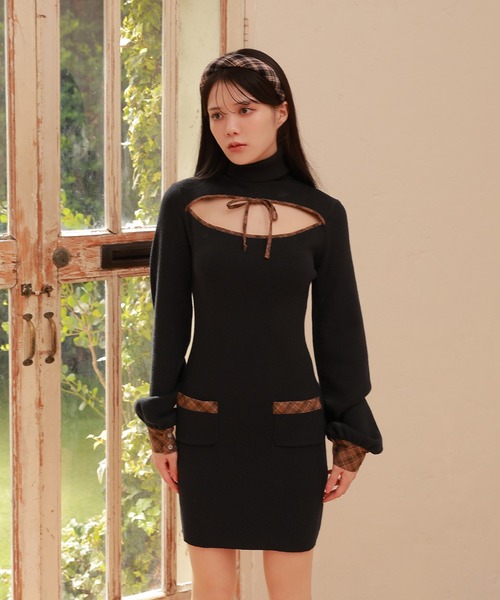 M DOLLY(エムドリー)の「*M DOLLY original* check accent dolcina knit dress /チェックアクセントドルチーナニットドレス(ワンピース・レディース・グレイッシュベージュ/ブラック・FREE)」の5枚目の写真