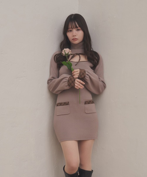 M DOLLY(エムドリー)の「*M DOLLY original* check accent dolcina knit dress /チェックアクセントドルチーナニットドレス(ワンピース・レディース・グレイッシュベージュ/ブラック・FREE)」の8枚目の写真