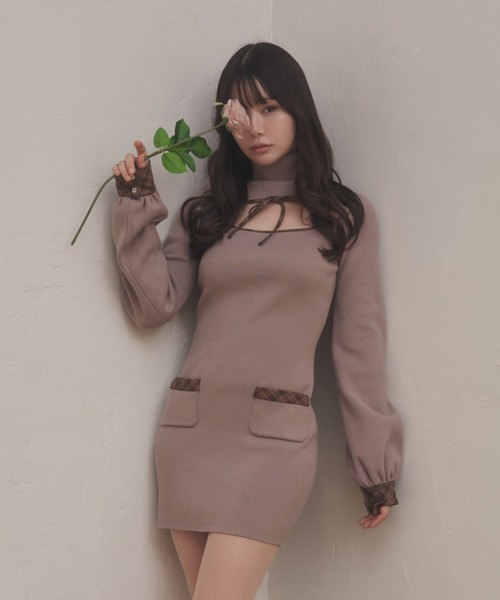 M DOLLY(エムドリー)の「*M DOLLY original* check accent dolcina knit dress /チェックアクセントドルチーナニットドレス(ワンピース・レディース・グレイッシュベージュ/ブラック・FREE)」の9枚目の写真