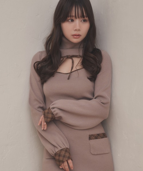 M DOLLY(エムドリー)の「*M DOLLY original* check accent dolcina knit dress /チェックアクセントドルチーナニットドレス(ワンピース・レディース・グレイッシュベージュ/ブラック・FREE)」の10枚目の写真