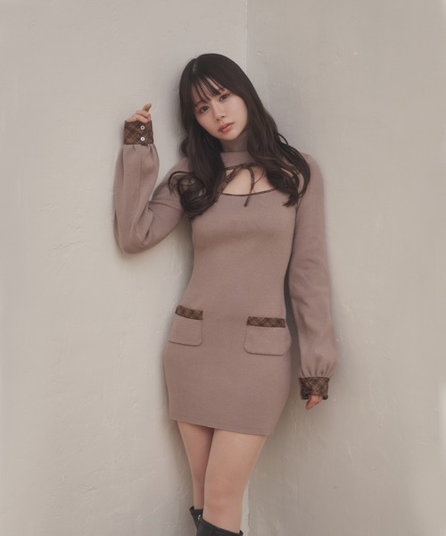 M DOLLY(エムドリー)の「*M DOLLY original* check accent dolcina knit dress /チェックアクセントドルチーナニットドレス(ワンピース・レディース・グレイッシュベージュ/ブラック・FREE)」の13枚目の写真