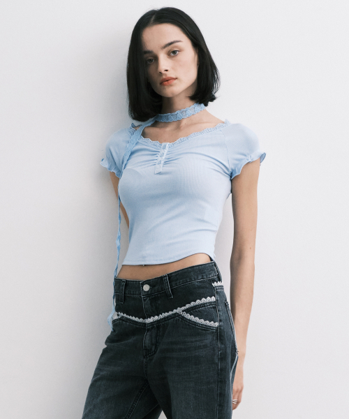 Midnight Move(ミッドナイトムーブ)の「lace sc t (blue)(Tシャツ/カットソー・レディース・その他・FREE)」の1枚目の写真