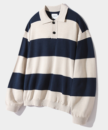 ASI ストライプラグビー長袖ニットTシャツ_ネイビー