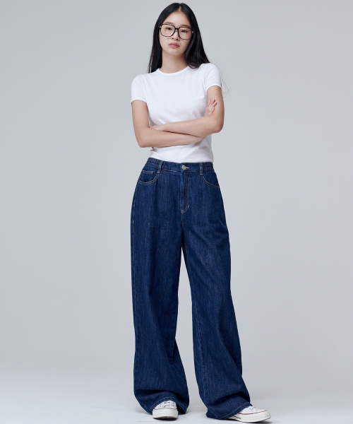 MALOUPE（マロップ）の「9136 バンディングワイドデニムパンツ (ミディアムインディゴ)（デニムパンツ・レディース・ダークネイビー・SMALL/MEDIUM）」の2枚目の写真