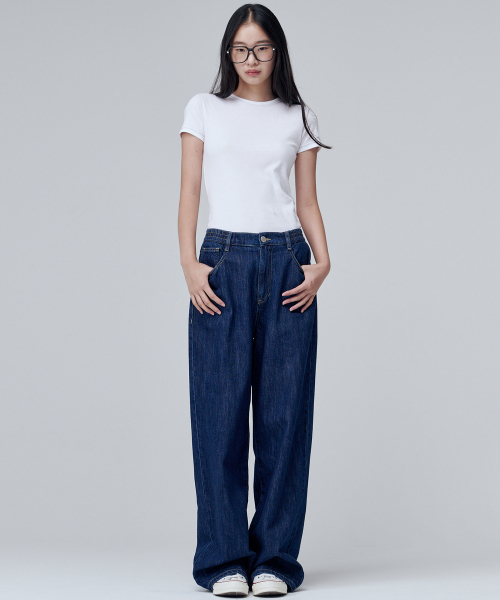MALOUPE（マロップ）の「9136 バンディングワイドデニムパンツ (ミディアムインディゴ)（デニムパンツ・レディース・ダークネイビー・SMALL/MEDIUM）」の3枚目の写真