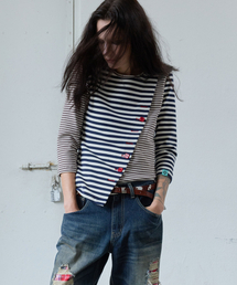 HERETIC（ヘレティック）の「BUTTON STRIPE CROSS T-SHIRT / navy（Tシャツ/カットソー）」
