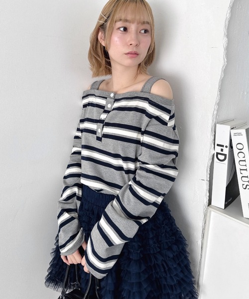 Loueme(ルエム)の「オフショルボーダールーズトップス(Tシャツ/カットソー・レディース・グレー/ピンク・FREE)」の1枚目の写真