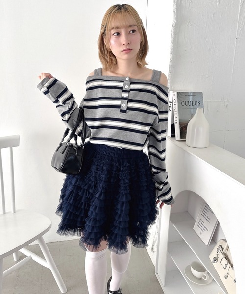 Loueme(ルエム)の「オフショルボーダールーズトップス(Tシャツ/カットソー・レディース・グレー/ピンク・FREE)」の7枚目の写真