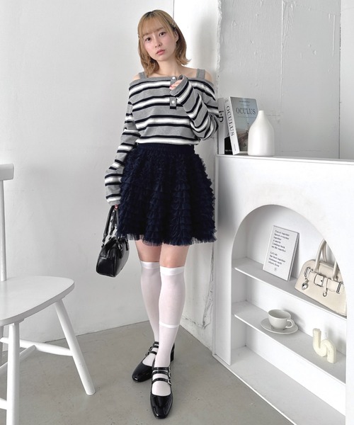 Loueme(ルエム)の「オフショルボーダールーズトップス(Tシャツ/カットソー・レディース・グレー/ピンク・FREE)」の10枚目の写真