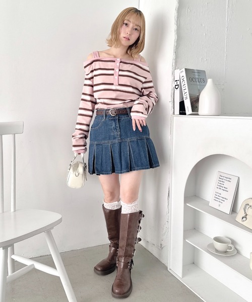 Loueme(ルエム)の「オフショルボーダールーズトップス(Tシャツ/カットソー・レディース・グレー/ピンク・FREE)」の13枚目の写真