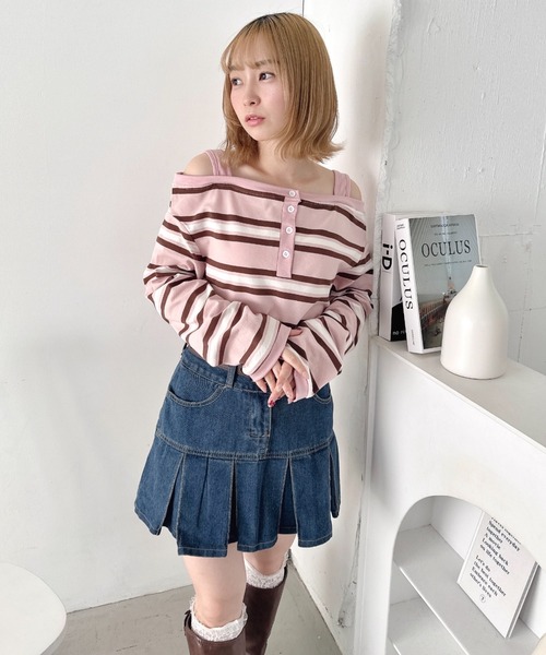 Loueme(ルエム)の「オフショルボーダールーズトップス(Tシャツ/カットソー・レディース・グレー/ピンク・FREE)」の3枚目の写真