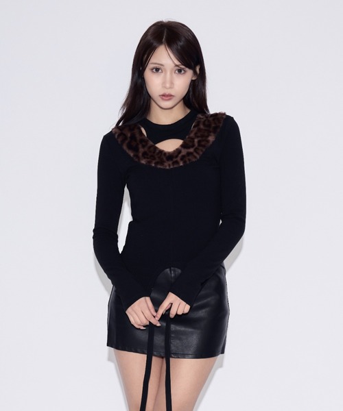tinkerend(ティンカーエンド)の「Leopard Fur Cutout Tops / ヒョウ柄ファーカットアウトトップス(Tシャツ/カットソー・レディース・ブラウン/ブラック・FREE)」の14枚目の写真