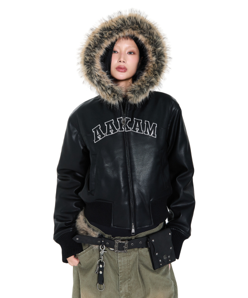 セール】Hooded Fur Leather Jacket (Black)（ライダースジャケット