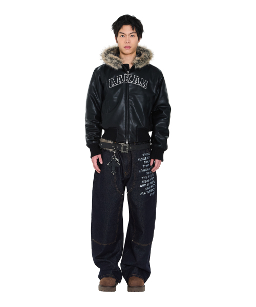 セール】Hooded Fur Leather Jacket (Black)（ライダースジャケット