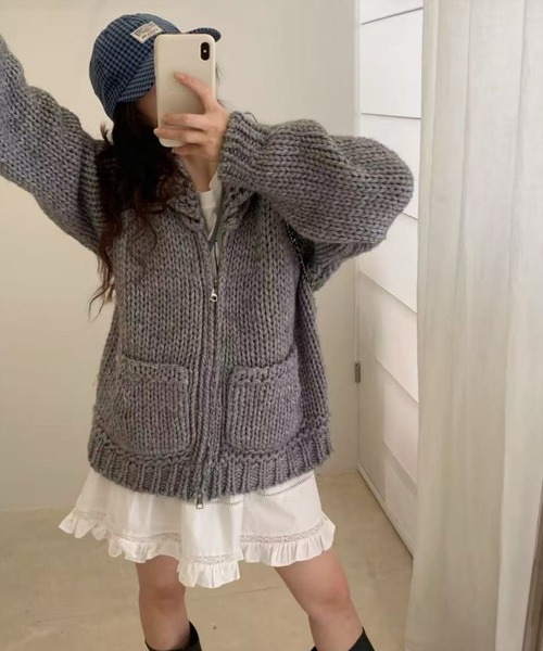[WEB限定] Double-zip knit parker [корейская мода — капитальное черное]