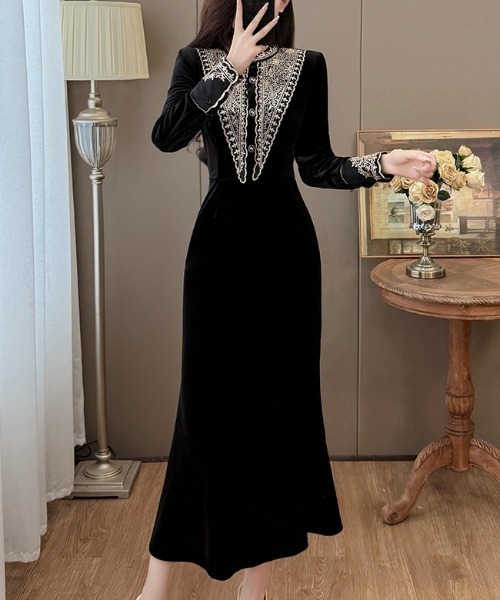 セール】レースドッキングベロアマーメイドワンピース（ワンピース