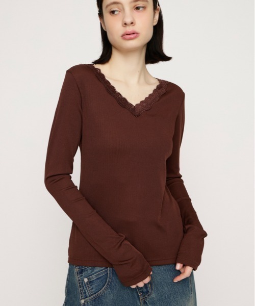 SLY(スライ)の「LACE DOCKING CUT TOPS レースドッキングカットトップス 春服(Tシャツ/カットソー・レディース・ブラウン/アイボリー・FREE)」の1枚目の写真