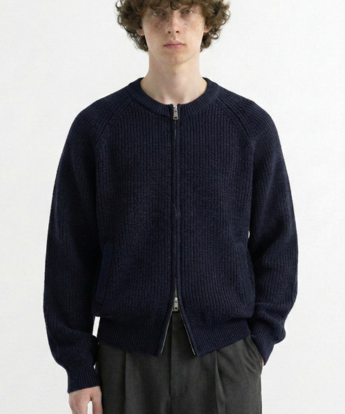 Cropped Knit Zip‑Up Cardigan «Neivy» — укороченный вязаный кардиган на молнии, Navy