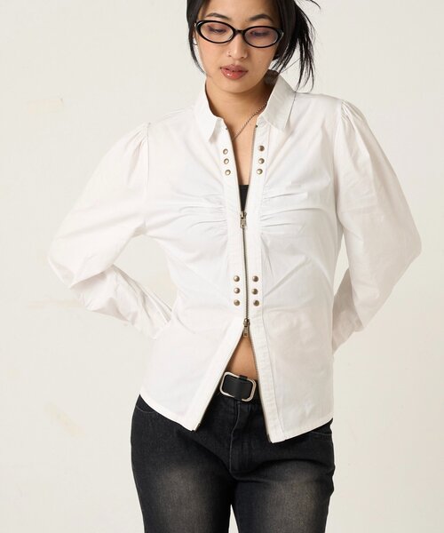 WHO'S WHO gallery(フーズフーギャラリー)の「ギャザースタッズコンパクトシャツ(シャツ/ブラウス・レディース・カーキ/ブラック/ホワイト・FREE)」の6枚目の写真