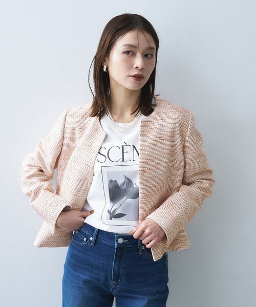 UNTITLED(アンタイトル)の「【きれいめ】ツイード ペプラムジャケット(ノーカラージャケット・レディース・ネイビー系3/ブルー系8/オレンジ系4・50/48/46/44/42/04/03/02/01/00)」の6枚目の写真