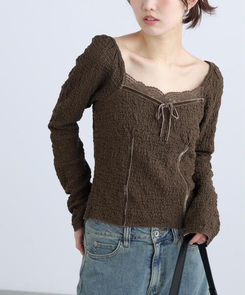 FREE'S MART(フリーズマート)の「◆レーストリムジャガード長袖カットソー(Tシャツ/カットソー・レディース・ブルー/ブラウン/ホワイト・FREE)」の2枚目の写真