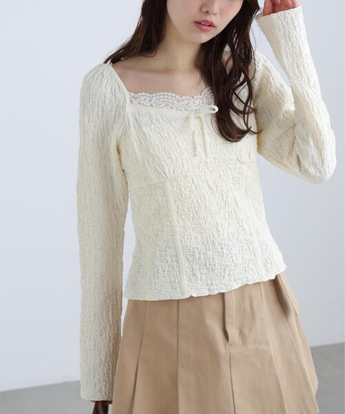 FREE'S MART(フリーズマート)の「◆レーストリムジャガード長袖カットソー(Tシャツ/カットソー・レディース・ブルー/ブラウン/ホワイト・FREE)」の5枚目の写真