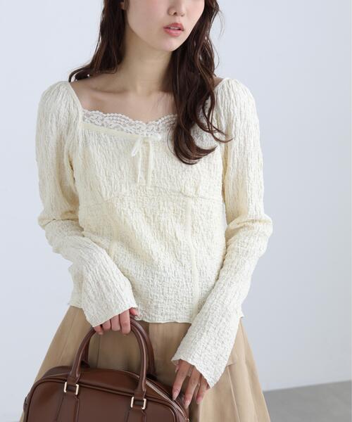 FREE'S MART(フリーズマート)の「◆レーストリムジャガード長袖カットソー(Tシャツ/カットソー・レディース・ブルー/ブラウン/ホワイト・FREE)」の6枚目の写真