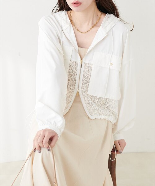 natural couture（ナチュラルクチュール）の「レースコンビブルゾン（ブルゾン・レディース・グレイッシュベージュ/オフホワイト/ブラック・FREE）」の5枚目の写真