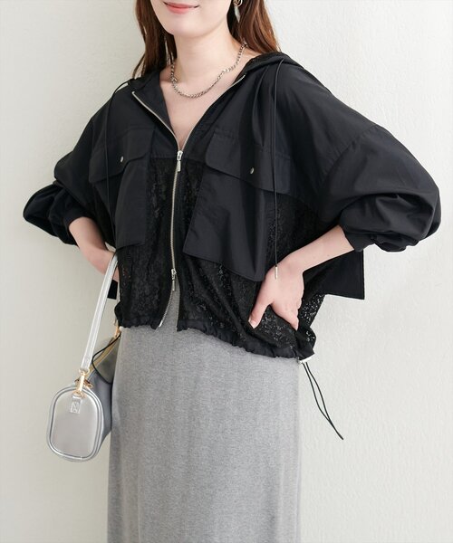 natural couture（ナチュラルクチュール）の「レースコンビブルゾン（ブルゾン・レディース・グレイッシュベージュ/オフホワイト/ブラック・FREE）」の9枚目の写真