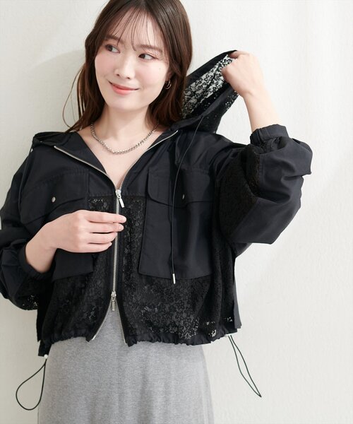 natural couture（ナチュラルクチュール）の「レースコンビブルゾン（ブルゾン・レディース・グレイッシュベージュ/オフホワイト/ブラック・FREE）」の10枚目の写真