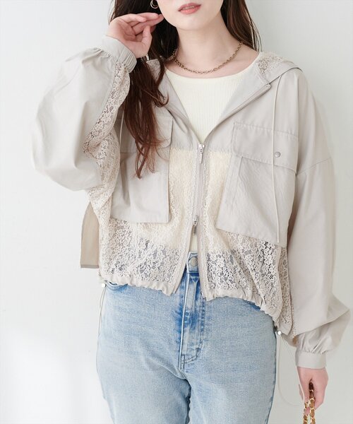 natural couture（ナチュラルクチュール）の「レースコンビブルゾン（ブルゾン・レディース・グレイッシュベージュ/オフホワイト/ブラック・FREE）」の14枚目の写真