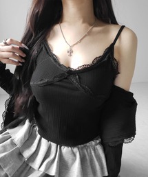 【 2点セット 】レースドッキングリブキャミソール + カーディガンセット / lace docking lib camisole + cardigan SET