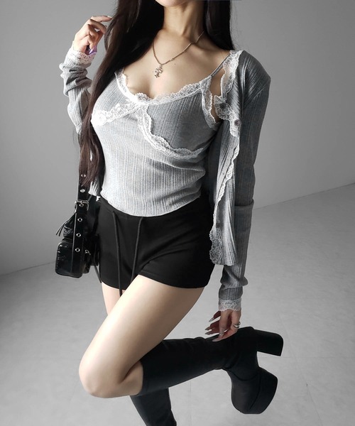 me+em select（ミームセレクト）の「【 ２点セット 】レースドッキングリブキャミソール ＋ カーディガンセット ／ lace docking lib camisole + cardigan SET（アンサンブル・レディース・ホワイト/ブラック/グレー・FREE）」の11枚目の写真