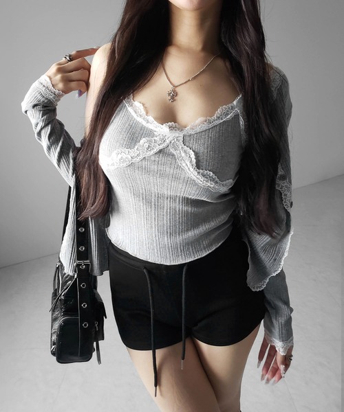 me+em select（ミームセレクト）の「【 ２点セット 】レースドッキングリブキャミソール ＋ カーディガンセット ／ lace docking lib camisole + cardigan SET（アンサンブル・レディース・ホワイト/ブラック/グレー・FREE）」の12枚目の写真