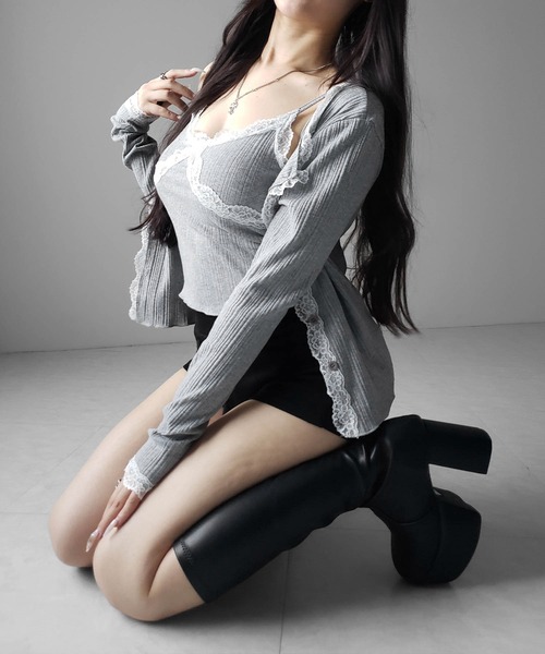 me+em select（ミームセレクト）の「【 ２点セット 】レースドッキングリブキャミソール ＋ カーディガンセット ／ lace docking lib camisole + cardigan SET（アンサンブル・レディース・ホワイト/ブラック/グレー・FREE）」の15枚目の写真