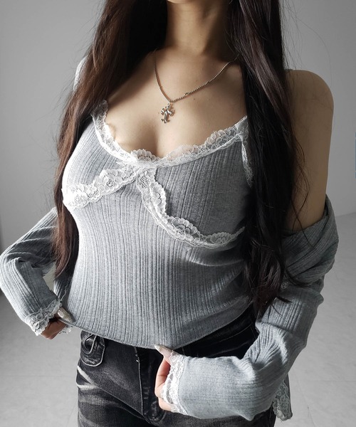 me+em select（ミームセレクト）の「【 ２点セット 】レースドッキングリブキャミソール ＋ カーディガンセット ／ lace docking lib camisole + cardigan SET（アンサンブル・レディース・ホワイト/ブラック/グレー・FREE）」の17枚目の写真