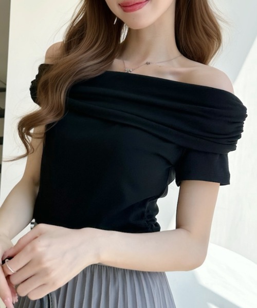 Ada.（エイダ）の「ウエストギャザー ドレープ 折り返しネック オフショルダー トップス（Tシャツ/カットソー・レディース・グレー/ホワイト/ブルー/ブラック・FREE）」の9枚目の写真