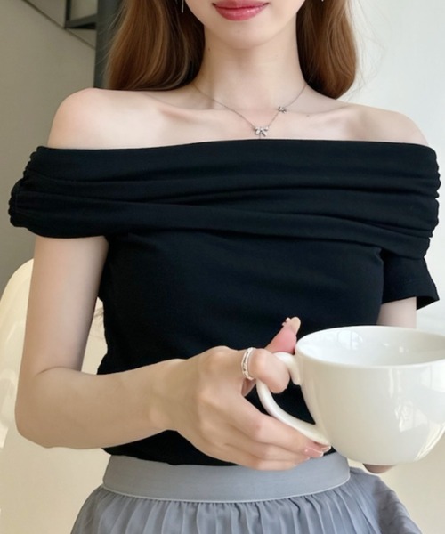 Ada.（エイダ）の「ウエストギャザー ドレープ 折り返しネック オフショルダー トップス（Tシャツ/カットソー・レディース・グレー/ホワイト/ブルー/ブラック・FREE）」の10枚目の写真