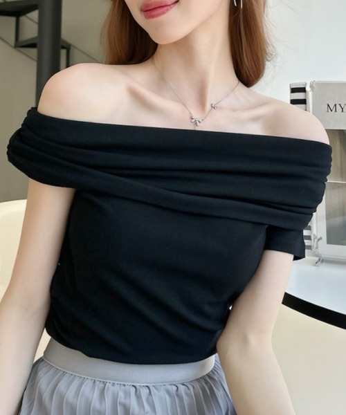 Ada.（エイダ）の「ウエストギャザー ドレープ 折り返しネック オフショルダー トップス（Tシャツ/カットソー・レディース・グレー/ホワイト/ブルー/ブラック・FREE）」の11枚目の写真
