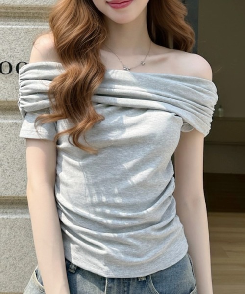 Ada.（エイダ）の「ウエストギャザー ドレープ 折り返しネック オフショルダー トップス（Tシャツ/カットソー・レディース・グレー/ホワイト/ブルー/ブラック・FREE）」の12枚目の写真