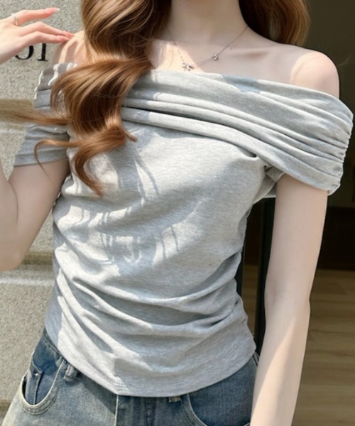 Ada.（エイダ）の「ウエストギャザー ドレープ 折り返しネック オフショルダー トップス（Tシャツ/カットソー・レディース・グレー/ホワイト/ブルー/ブラック・FREE）」の13枚目の写真
