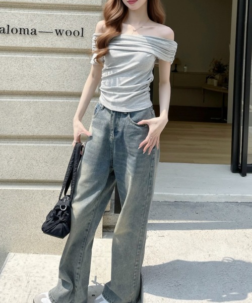 Ada.（エイダ）の「ウエストギャザー ドレープ 折り返しネック オフショルダー トップス（Tシャツ/カットソー・レディース・グレー/ホワイト/ブルー/ブラック・FREE）」の14枚目の写真