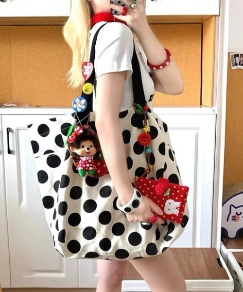 セール】ドッドキャンパス ビッグ トートバッグ 韓国ガーリー 水玉