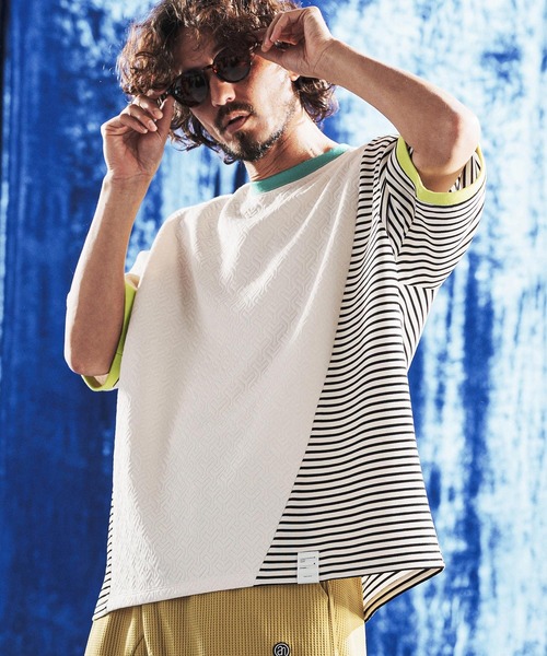 mt10442-Border × Jacquard Switch & Trim Rib Design T-shirt Tシャツ 