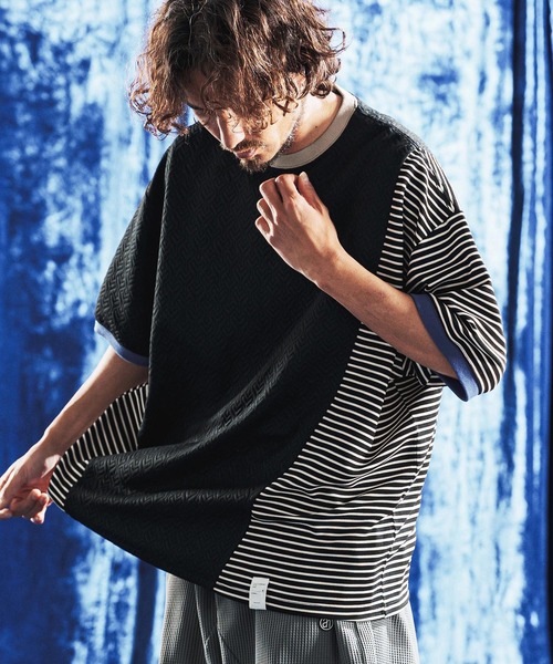 mt10442-Border × Jacquard Switch & Trim Rib Design T-shirt Tシャツ