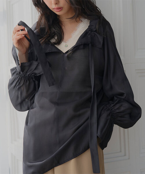 KOBE LETTUCE（コウベレタス）の「シアーカフタンブラウス（シャツ/ブラウス・レディース・オフホワイト/ブラック/モカ・M）」の2枚目の写真