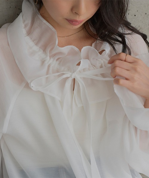 KOBE LETTUCE（コウベレタス）の「シアーカフタンブラウス（シャツ/ブラウス・レディース・オフホワイト/ブラック/モカ・M）」の6枚目の写真