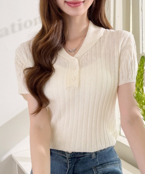 Ada.(エイダ)の「襟付き ヘンリーネック ハーフボタン スリム リブ ニット トップス(ニット/セーター・レディース・ピンク/ブラック/ブルーグレー/オフホワイト・FREE)」の8枚目の写真
